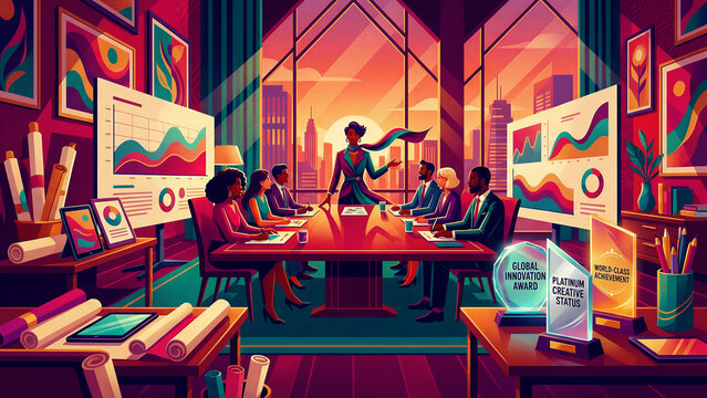 Visionary business leader presents compelling market data and growth strategy to diverse executive team in a sunlit boardroom setting