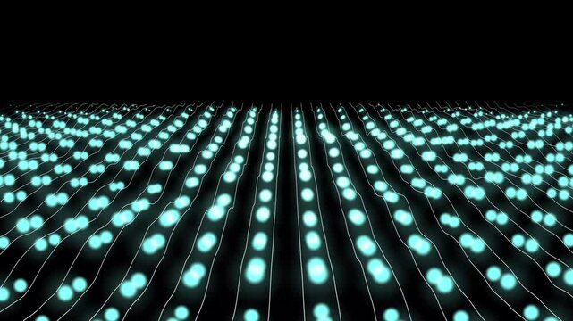 Abstract cyan glowing dots moving in a wave pattern in 4k, featuring a professional black background, for premium brand reveals, luxury product ads, and festive celebration visual loop.