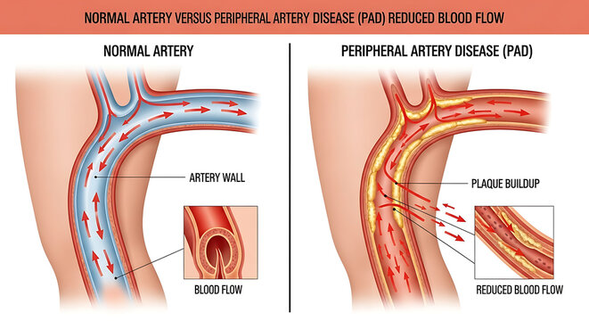 Comparative medical diagram illustrating a healthy vessel alongside an obstructed peripheral artery affected by plaque buildup, showcasing reduced circulatory flow and atherosclerosis.