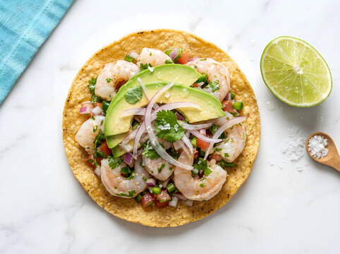 Fresh Shrimp Ceviche Tostada with Avocado and Lime on White Marble