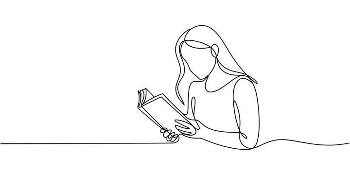One line woman reading a book. Line Art Girl read book. Creative simple elegant minimalist illustration. one line Icon drawing
