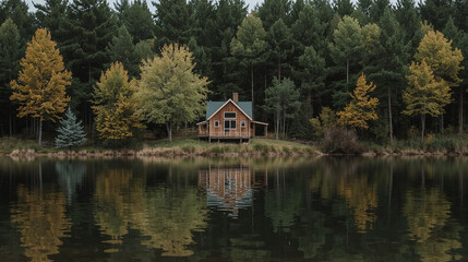 Obraz premium Lakeside cabin with reflection and autumn woods