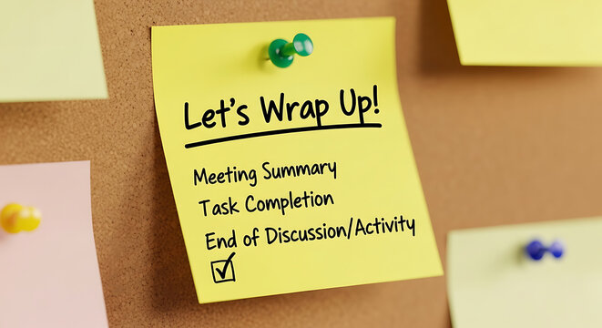 Handwritten Let's Wrap Up message on a yellow sticky note placed on desk surface symbolizing office meeting summary task completion productivity and the end of a busy workday schedule