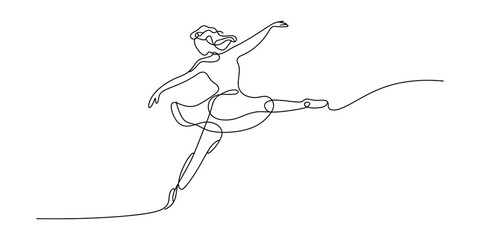 Elegant ballerina dancer performing a graceful jump in a continuous line art style illustration © Tona Drawing Gallery
