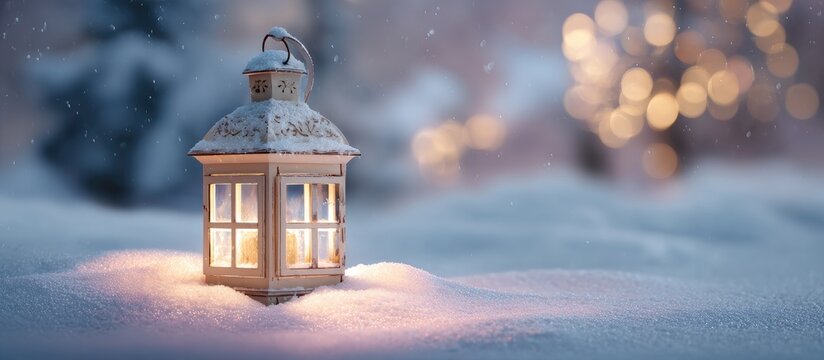 Glowing lantern in a snowy winter landscape with soft bokeh lights