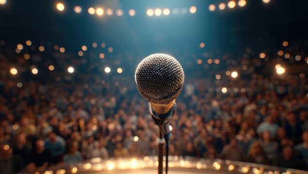 Microphone on stage, lit by spotlights, facing a blurred audience
