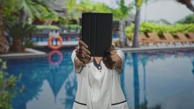 Woman in white uniform holding tablet with hands extended in front of face, blonde young and smiling, beside pool at building facade; friendly service relaxation.