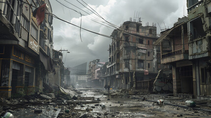 Fototapeta premium post-apocalyptic city street with destroyed buildings and debris