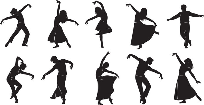 Silhouettes of dancers in various poses and movements