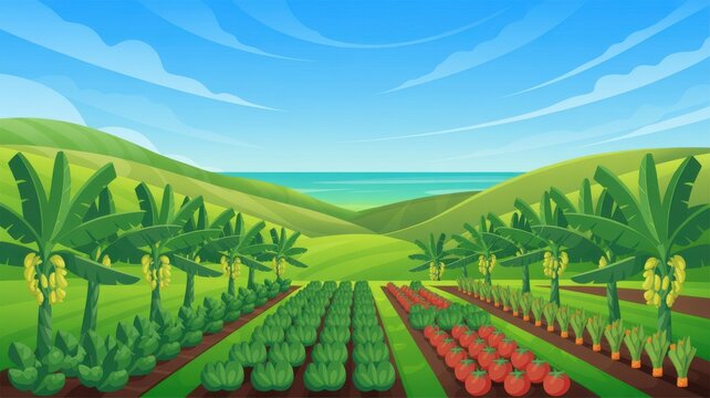 Lush tropical farm field with banana trees, tomato plants, and green vegetables by the sea.