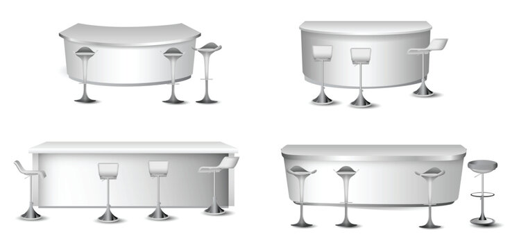 Modern cafe bar counter with bar stools seating set shown from multiple angles, isolated on white background. Contemporary furniture commonly used in coffee shops, bars, restaurants, and hospitality i