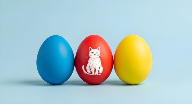 Minimalist Easter Concept with Blue, Red, and Yellow Eggs and Hand Drawn Cat