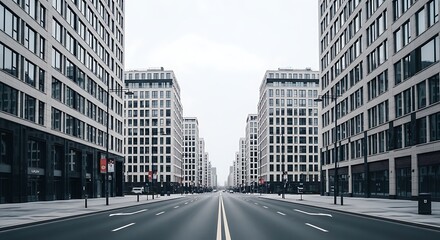 Fototapeta premium A wide perspective of a city street with modern buildings on a cloudy day