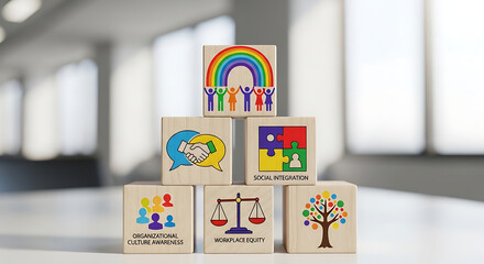 Fototapeta premium Inclusion Diversity and Belonging Concept Featuring Wooden Block Arranged with Community Unity Rainbow Color and Communication Symbol for Social Harmony and Collective Integration Representation
