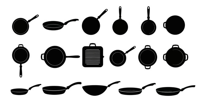 Collection of black silhouettes of various cooking pans and woks isolated on a white background representing kitchenware and culinary tools for food preparation and gastronomy