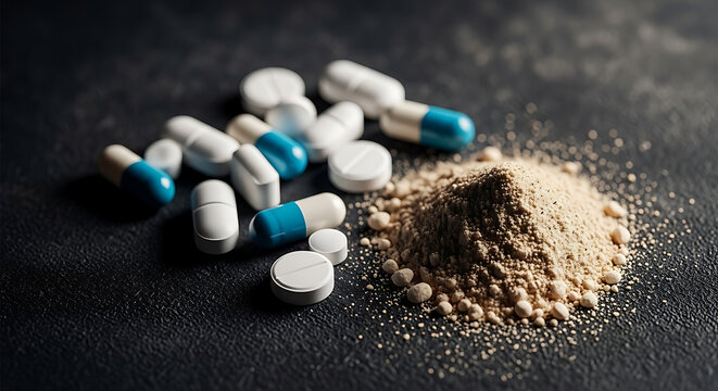 Dark top view of illegal narcotic substance heroin white powder and pharmaceutical pills scattered on a black surface representing drug abuse crime and dangerous addiction concept.