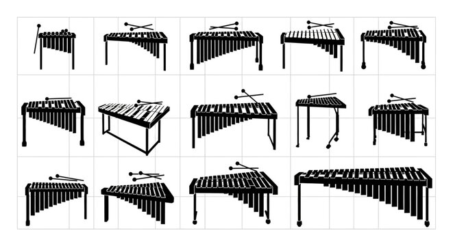 Collection of diverse percussion instruments including marimbas and xylophones with mallets presented in a grid layout with clean lines and minimalist style for musical education