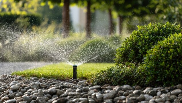 Automated sprinkler system waters lush green lawn and bushes in garden