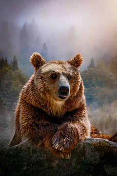 Brown Bear in Misty Forest with Warm Dawn Light, Wildlife Portrait