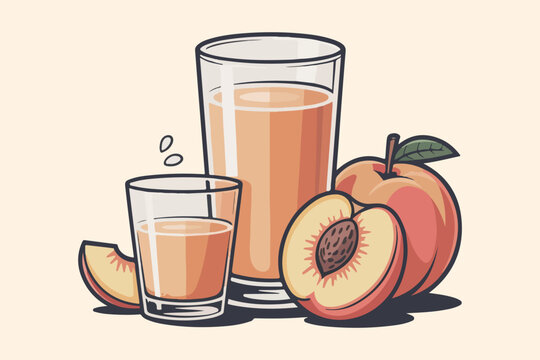 Peach Smoothie in Glass and Shot Glass with Fresh Peach Slices Organic Healthy Beverage Illustration
