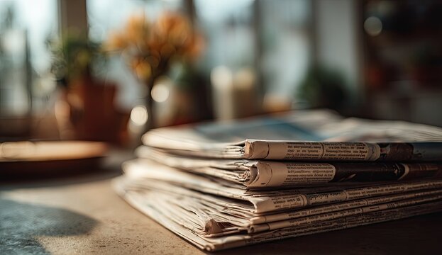 Stack of folded newspapers on a table, bathed in soft sunlight