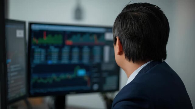 Business analyst studying stock market charts dual monitor workstation concerned trader computer