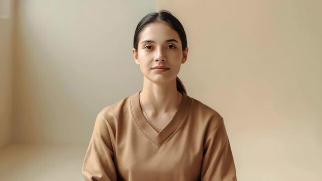 Young woman portrait neutral expression beige top sitting against minimal background meditating
