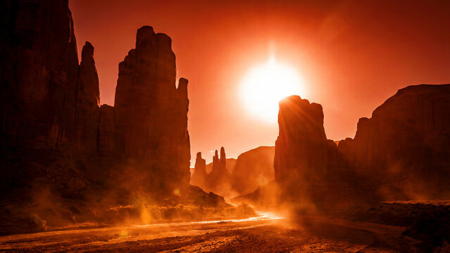 A breathtaking, dramatic desert landscape captured at either sunrise or sunset, showcasing towering sandstone rock formations, bathed in an intense fiery red and orange light from the radiant sun,
