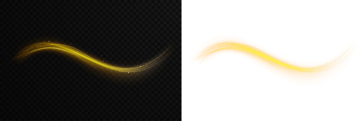 PNG golden spark dust overlay on transparent background. Soft yellow light wave with bright line flow and gold particles. Twisting gold twirl and smooth swirl for magical design. © Даниил Москаленко