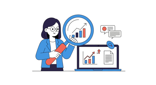 Woman analyzing data with a laptop and magnifying glass on transparent background silhouette