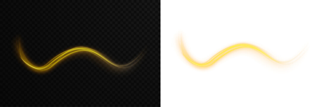 Semicircular gold wave and light vortex wake. Abstract light lines of movement and speed. Neon glow flare and shiny gold speed lines effect vector PNG on transparent background.