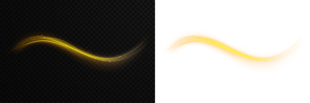PNG golden spark dust overlay on transparent background. Soft yellow light wave with bright line flow and gold particles. Twisting gold twirl and smooth swirl for magical design.