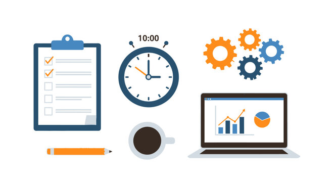 Productivity tools including clipboard clock and laptop on transparent background silhouette