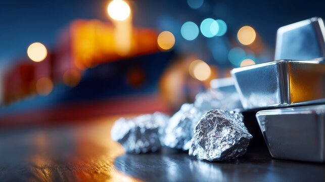 Metal ingots at cargo port with global trade overlay
