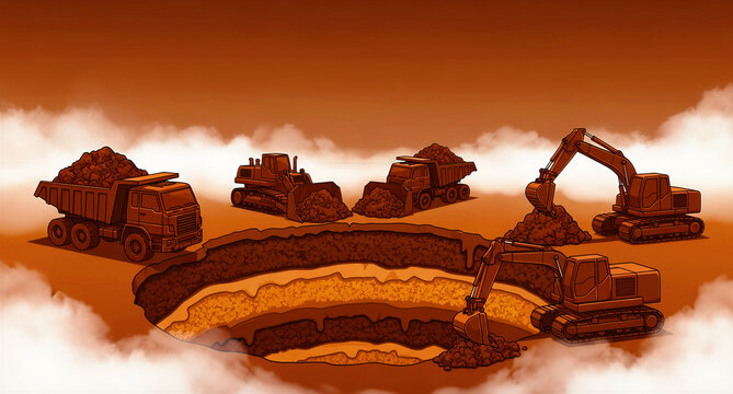 Construction machinery including excavators, bulldozers, and dump trucks actively work together digging a massive deep earth pit excavation project.
