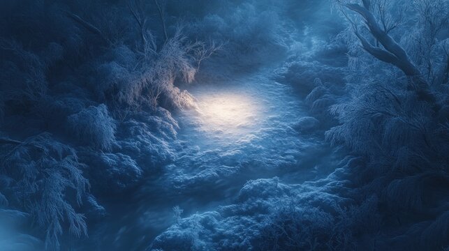 Moonlit winter forest with glowing snow