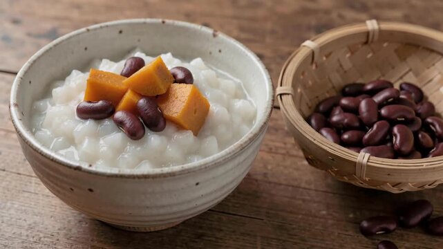 Creamy Rice Porridge Topped with Sweet Pumpkin and Red Beans Served in Ceramic Bowl on Rustic Wooden Table