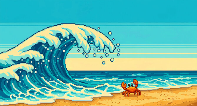 Adorable pixel art crab stands bravely facing a massive towering ocean wave breaking onto the sandy beach shore