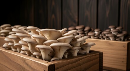 Obraz premium Fresh oyster mushrooms grow in wooden crates. They display natural, delicate, pale beige caps. Mushrooms cluster in rows, showing healthy growth. Wooden crates hold the fungi in rustic style