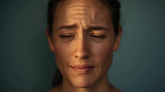 Young woman squinting warm side light showing discomfort and tension. closed eyes subtle smile