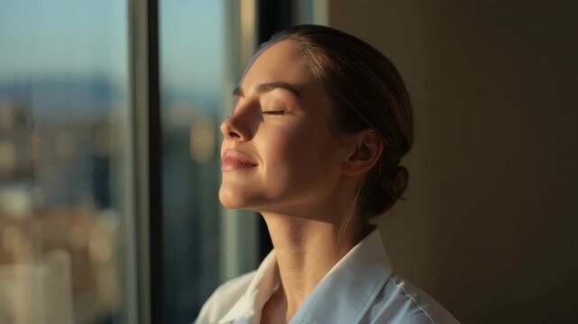 Young woman portrait relaxed warm sunlight face with closed eyes serene expression and golden glow