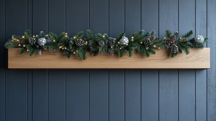 Obraz premium Christmas garland on wooden shelf with festive decorations