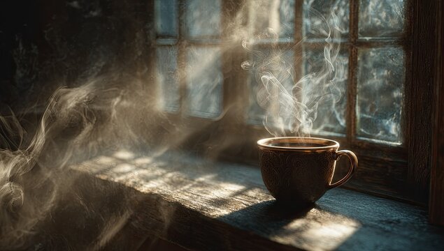 Steaming cup of rich beverage on weathered windowsill bathed in sunlight