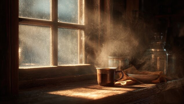 Steaming mug on windowsill with sunbeams through dusty window panes