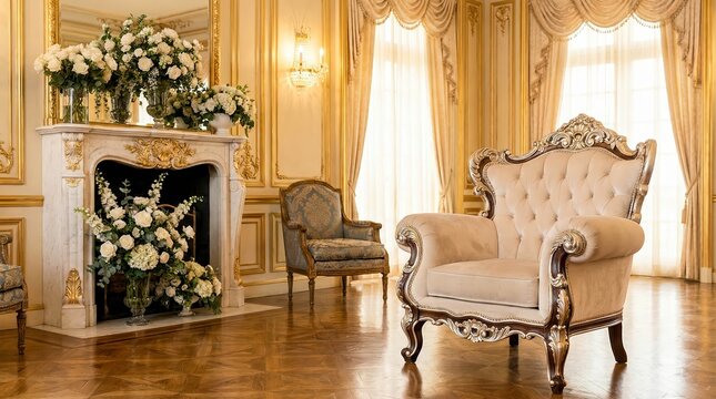 Opulent rococo interior with ornate fireplace and plush armchair