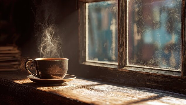 Steaming coffee cup bathed in warm sunlight by an old window