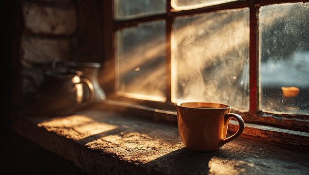 Steaming mug of warm beverage bathed in golden morning sunlight through window