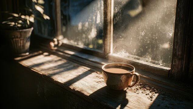 Warm steaming coffee mug on a rustic windowsill bathed in sunlight