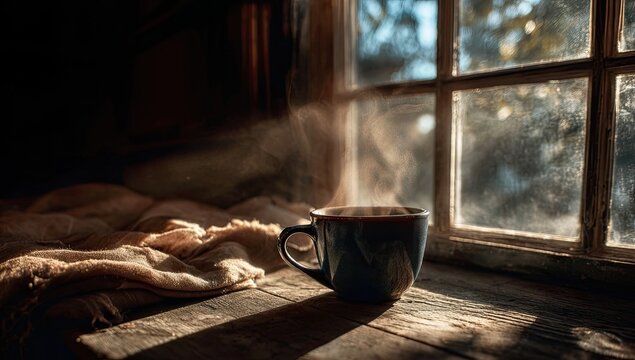 A steaming cup rests on a wooden windowsill, bathed in warm sunlight filtering through