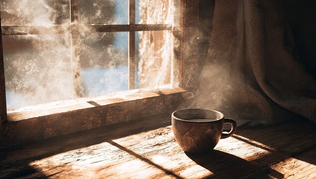 Warm mug of steaming beverage sits on rustic wooden windowsill with sunbeams